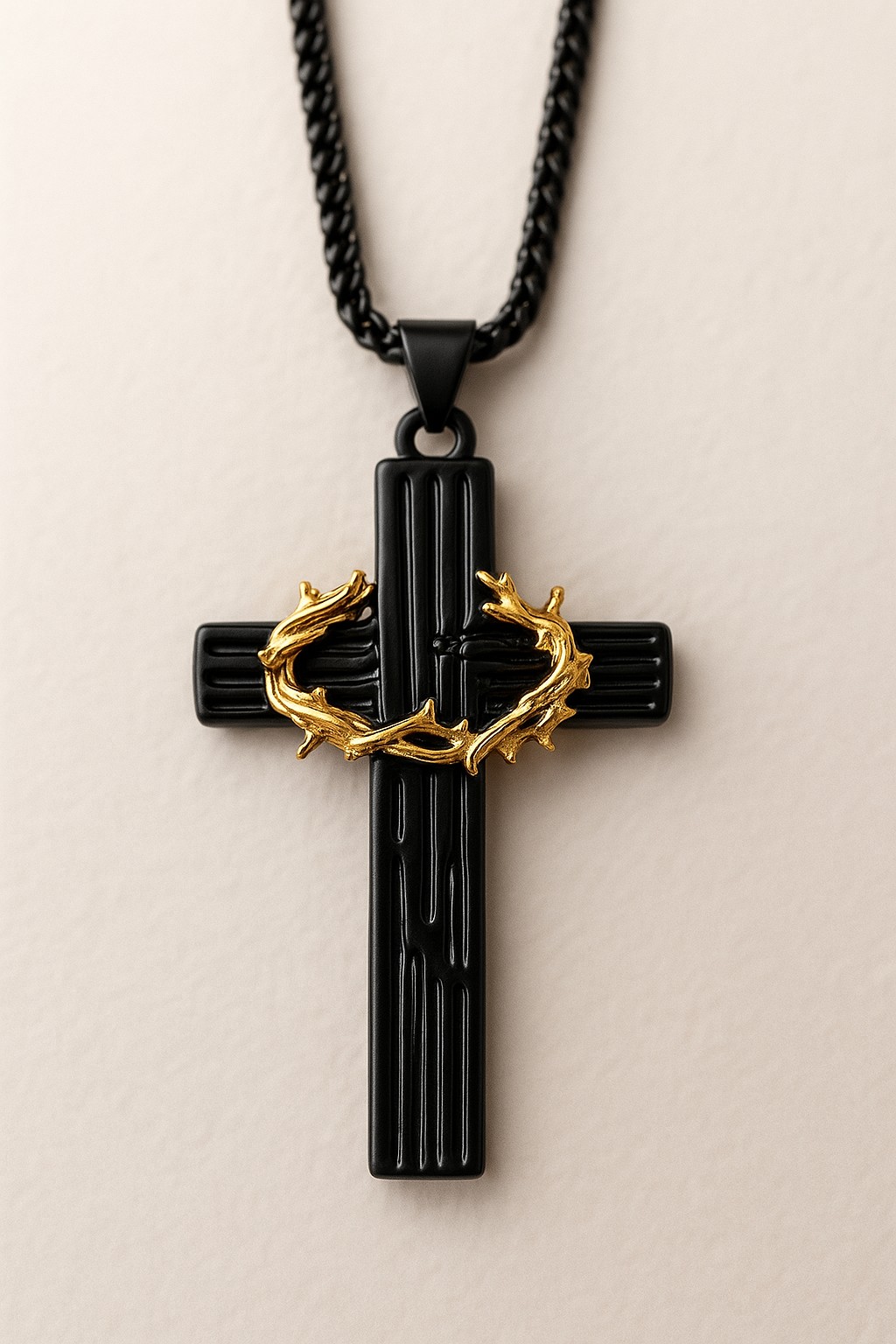 Crown of Thorns Cross Necklace Black